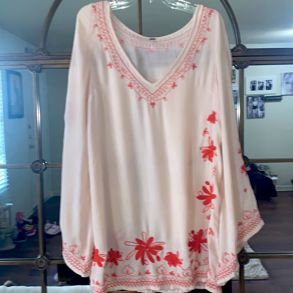 FREE PEOPLE Sheer Dress Boho Bell Sleeves Embroidered Flower design